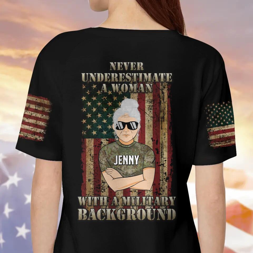 Personalized Female Veteran All-Over Print T-Shirt - Gift Idea For Female Veteran/Veterans Day - Never Underestimate A Woman With A Military Background
